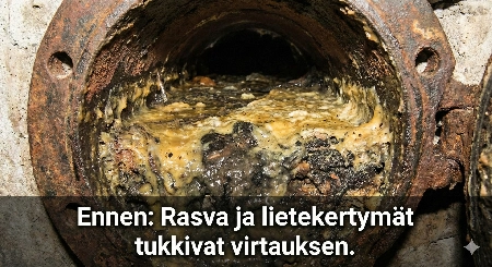 Tukkeutunut viemäriputki, jossa rasvaa ja lietettä