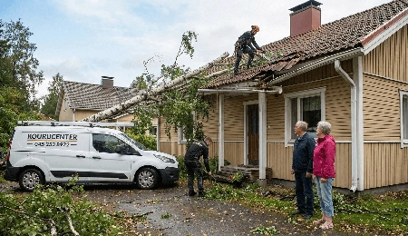Myrskyn kaatama puu talon katolla Pirkanmaalla