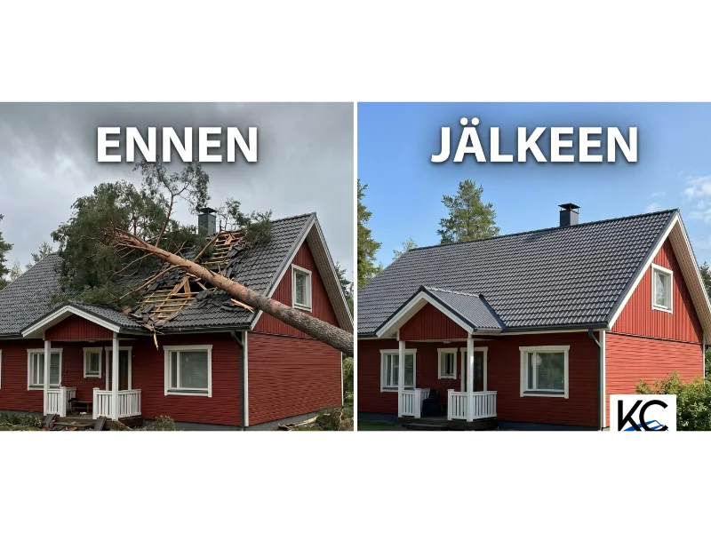 Ennen ja jälkeen -kuva myrskytuhosta: kaatunut puu omakotitalon katon päällä ja korjattu lopputulos.