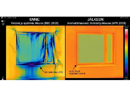 Lämpökamerakuva ikkunasta ennen ja jälkeen tiivisteiden vaihdon